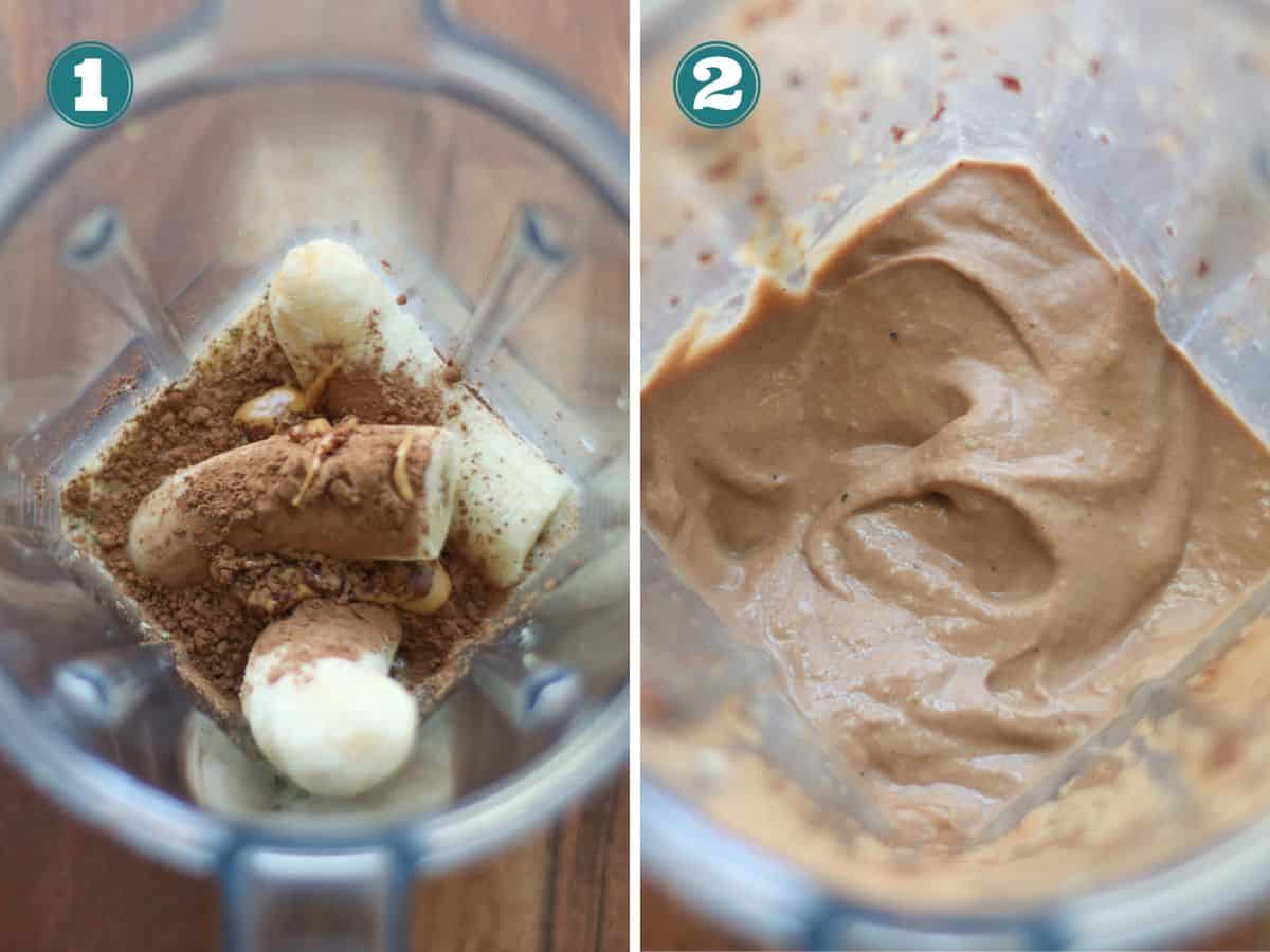 A two image collage showing how to make chocolate banana milkshake.