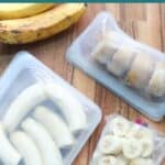 Sliced, halved, and mashed frozen bananas in freezer-safe bags.
