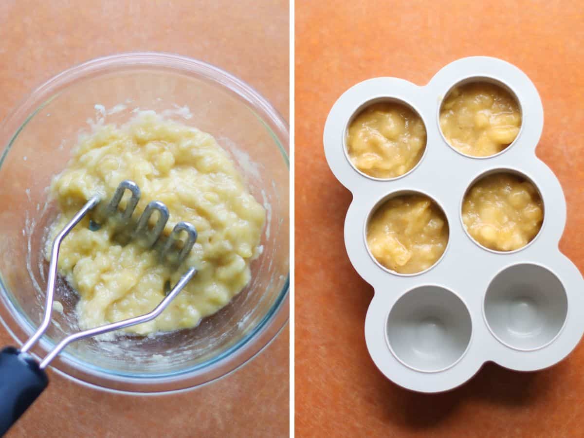 Mashed bananas in a bowl on the left and transferred to freezer tray on the right.