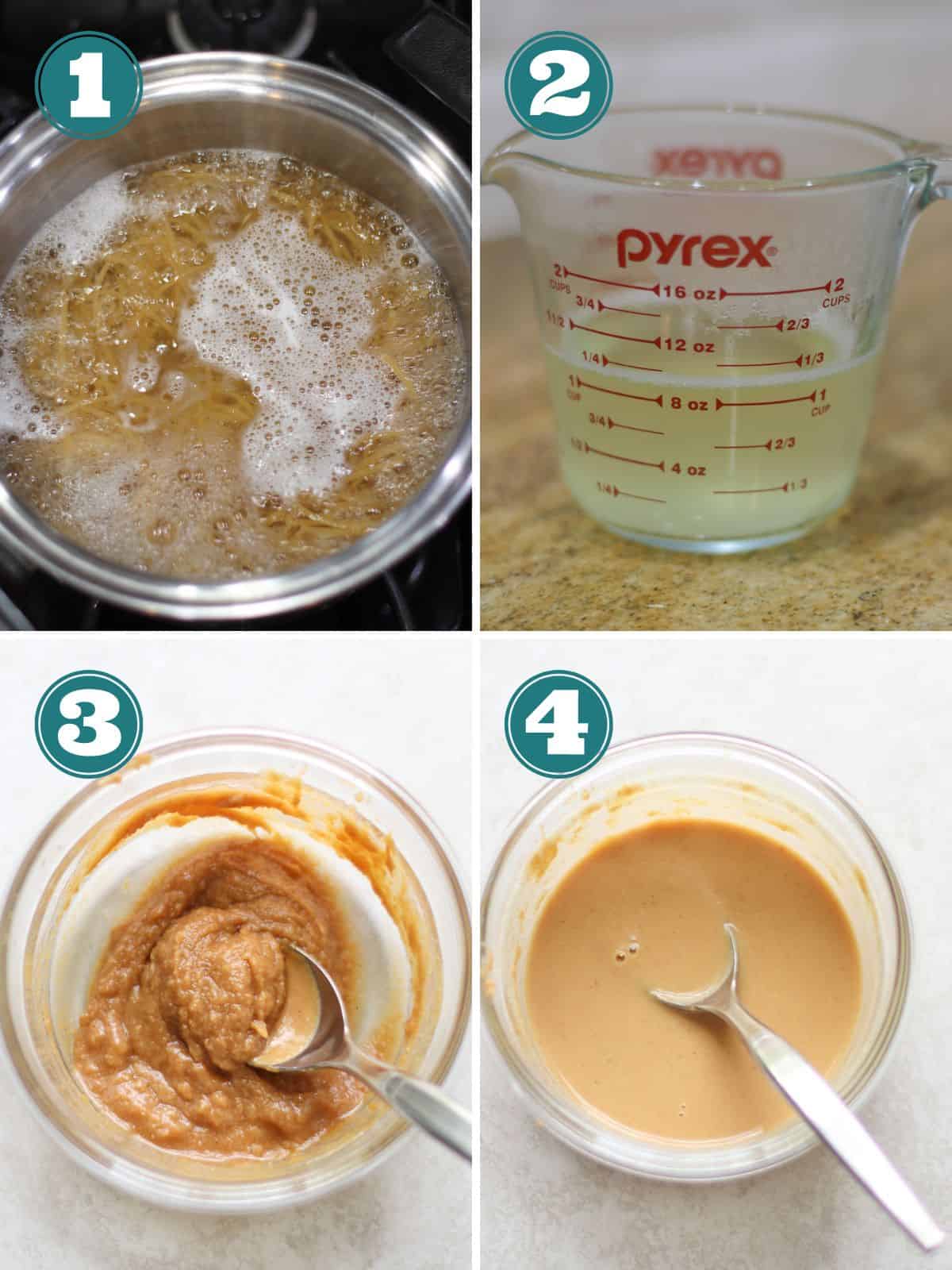 A four image collage of how to reserve pasta water and make miso sauce.