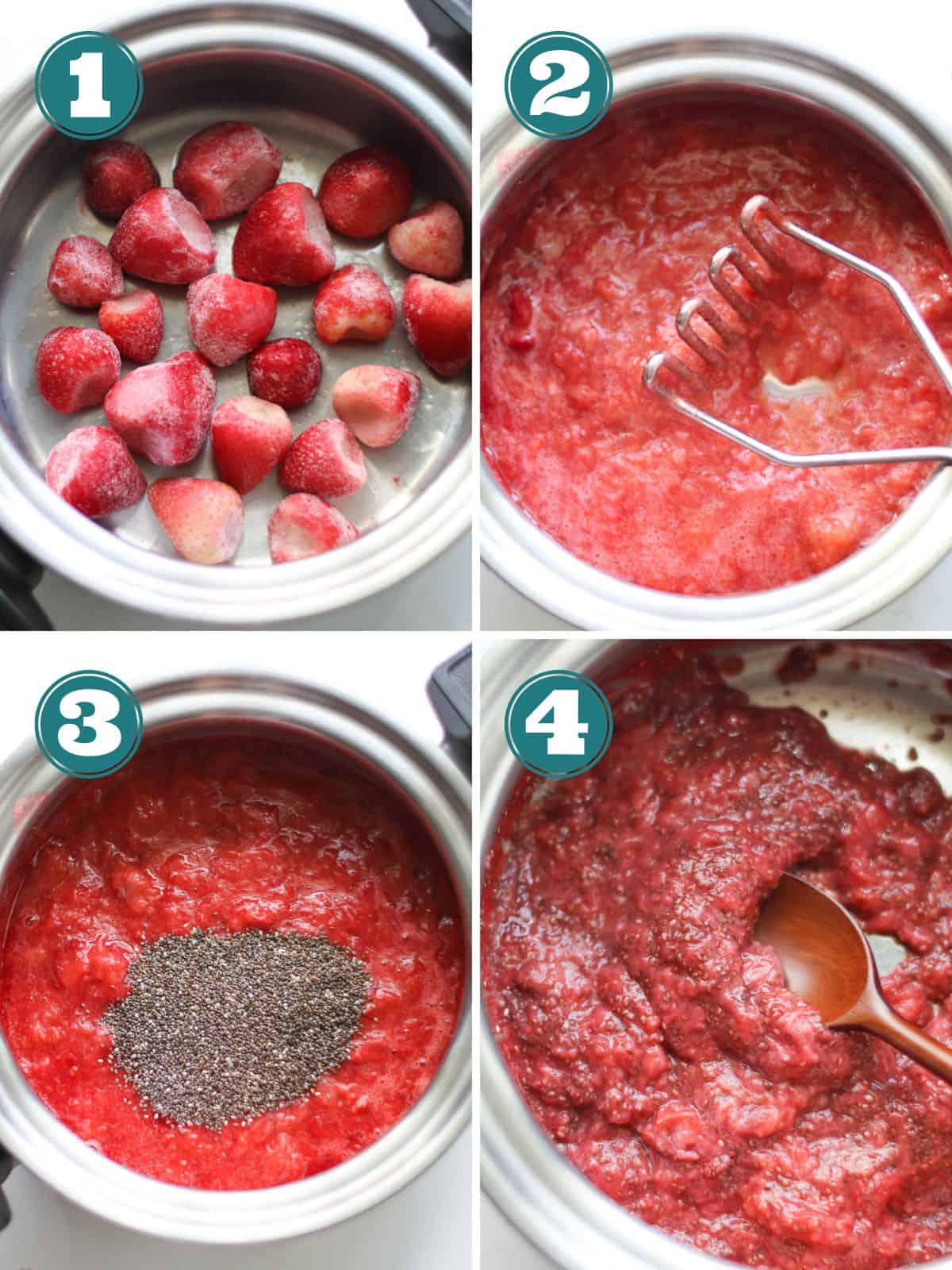A four image collage of how to make the jam.
