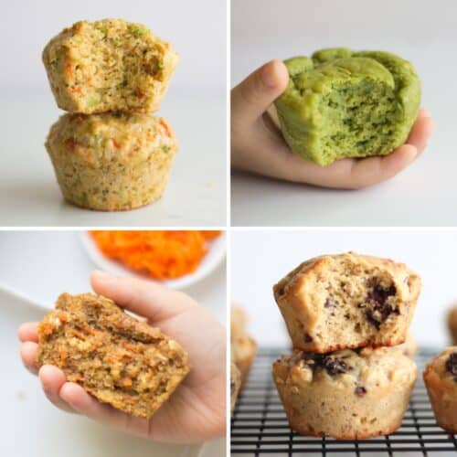A four image collage of muffins.