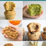 A six image collage of healthy muffins.