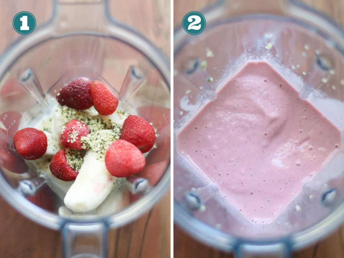 A two image collage of how to make strawberry banana milkshake.
