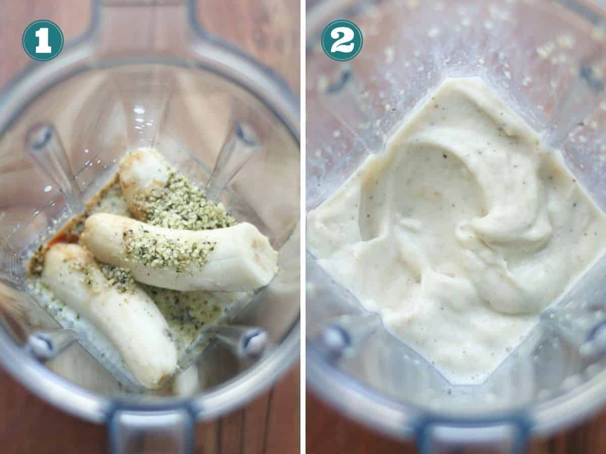 A two image collage showing how to make basic banana milkshake.