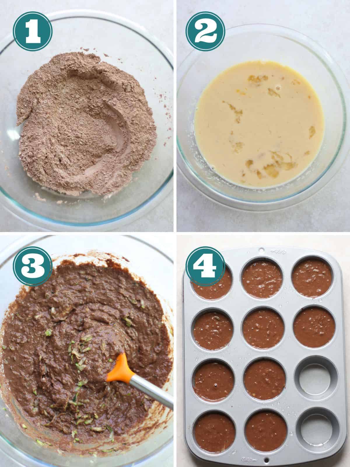 A four image collage of how to make the muffins step by step.