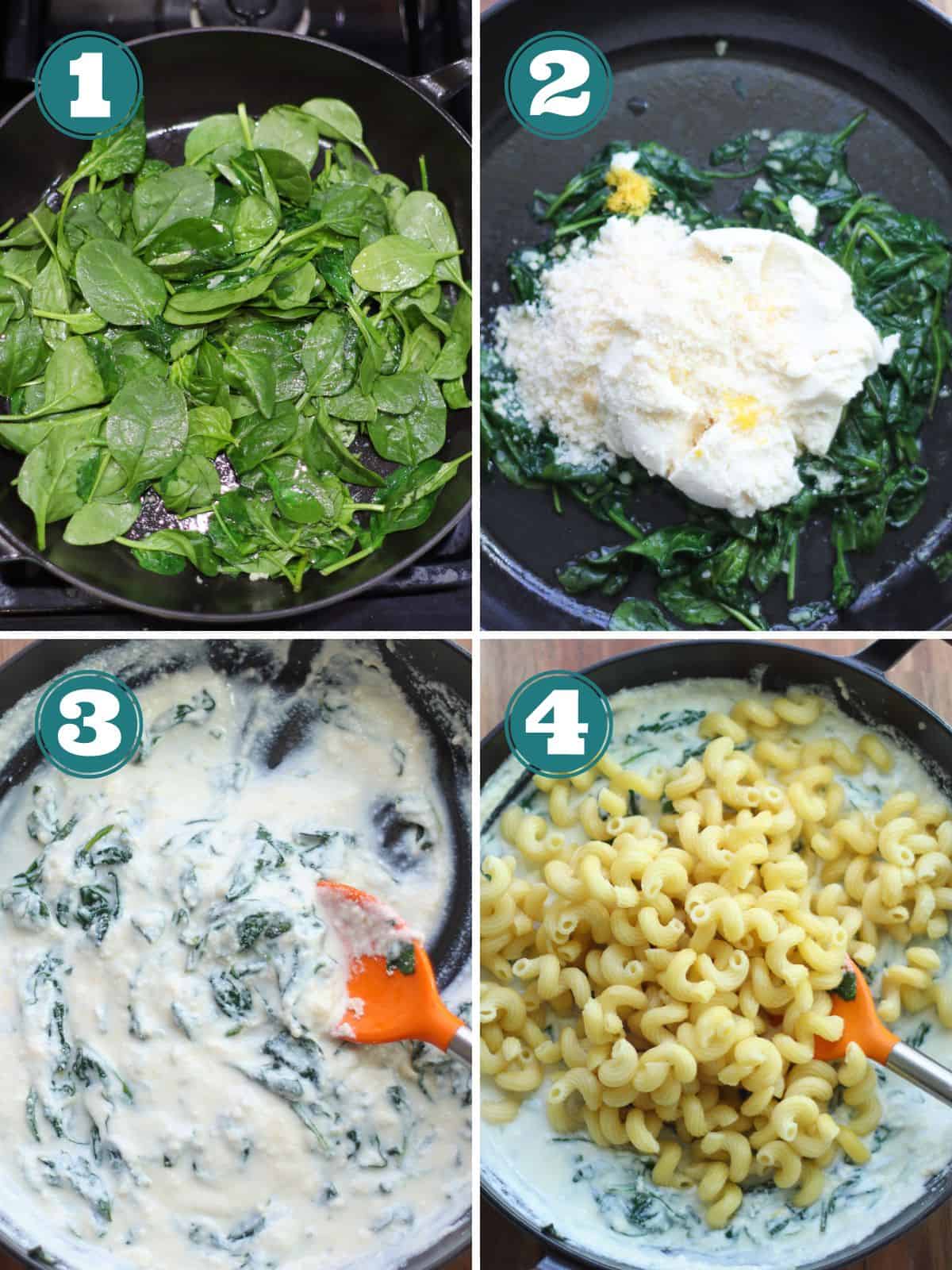 A four image collage showing how to make ricotta pasta with spinach.