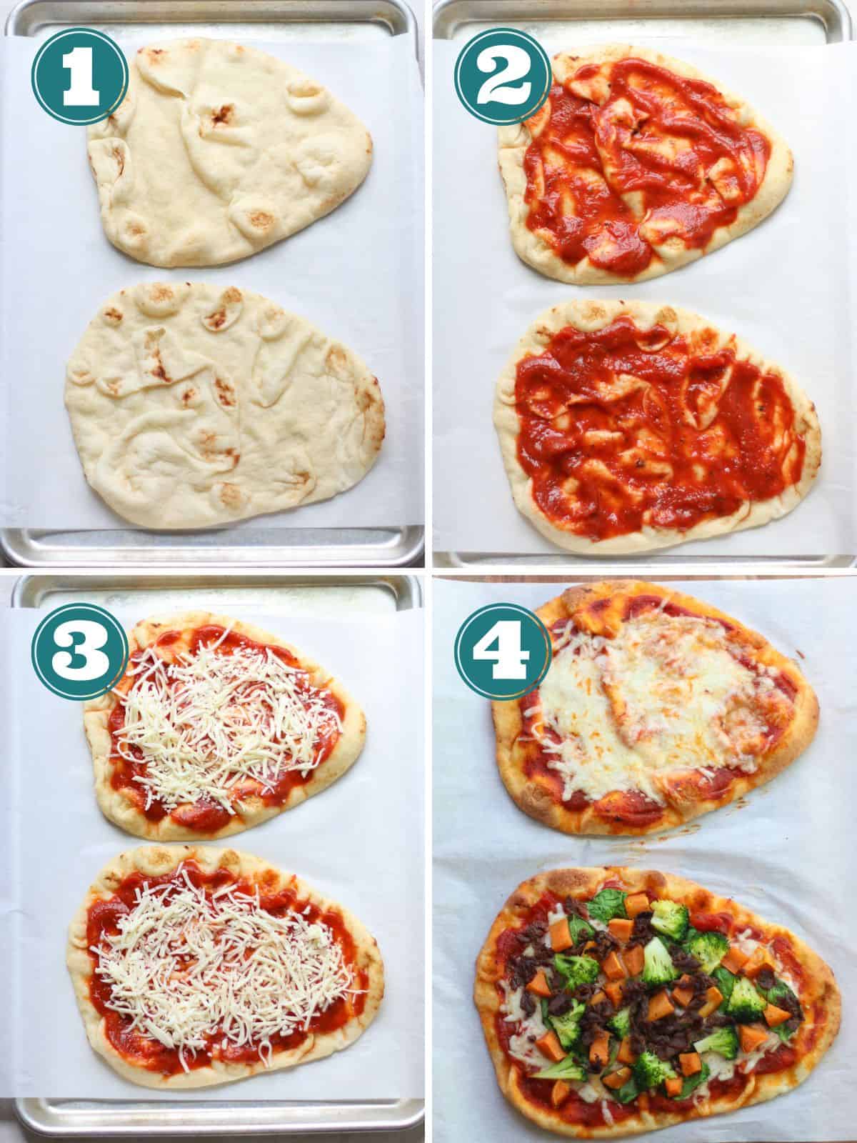 A four image collage showing how to make pizza step by step.