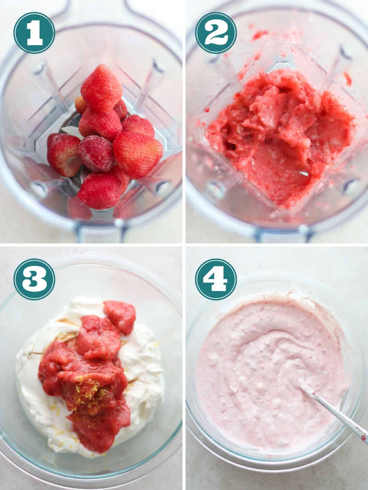 A four image collage of how to make strawberry yogurt.