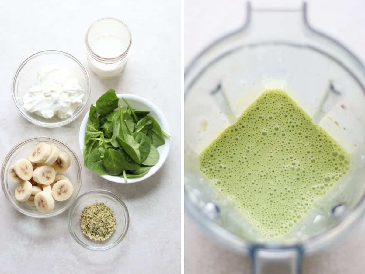 A two image collage of all the ingredients for spinach version and blended.
