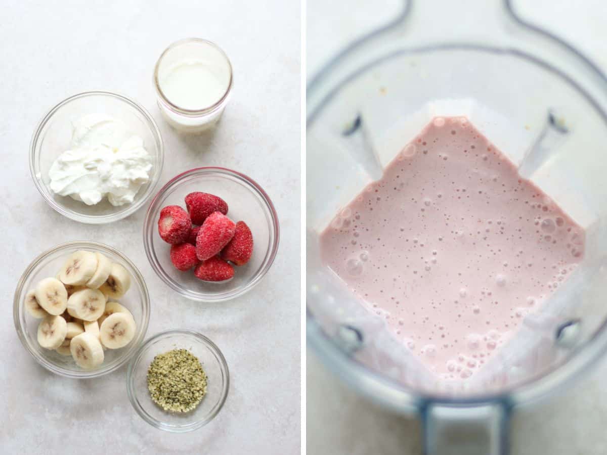 A two image collage of ingredients for strawberry version and blended.