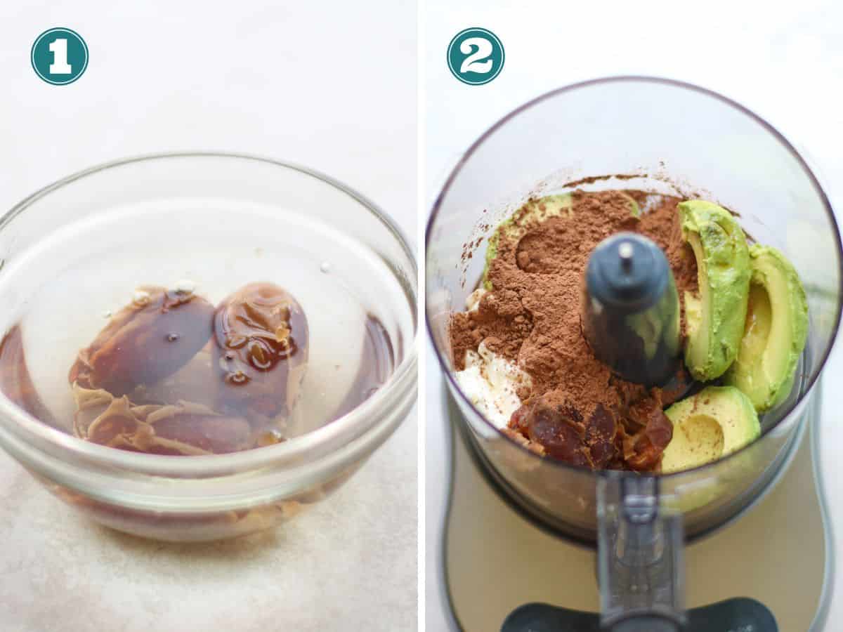 A two image collage with soaked dates on the left and all the ingredients in a food processor on the right.