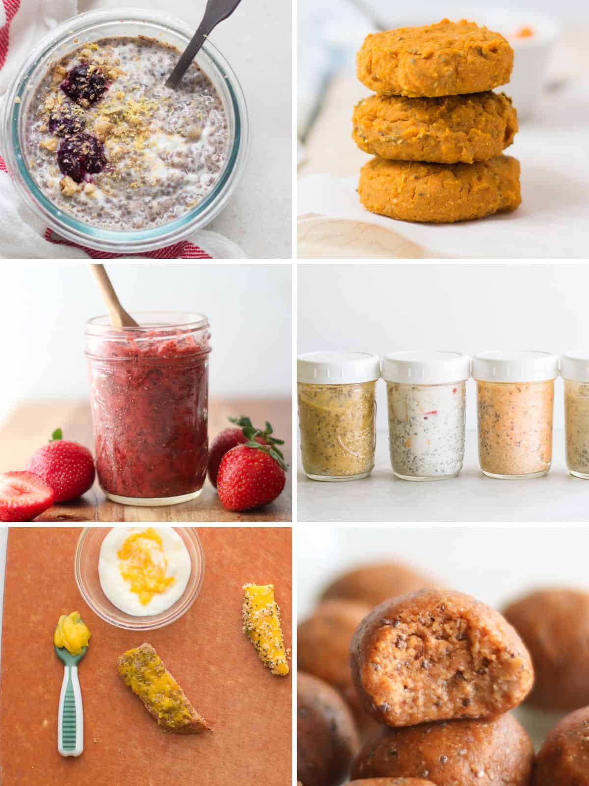 A six image collage of chia seed recipes for babies.
