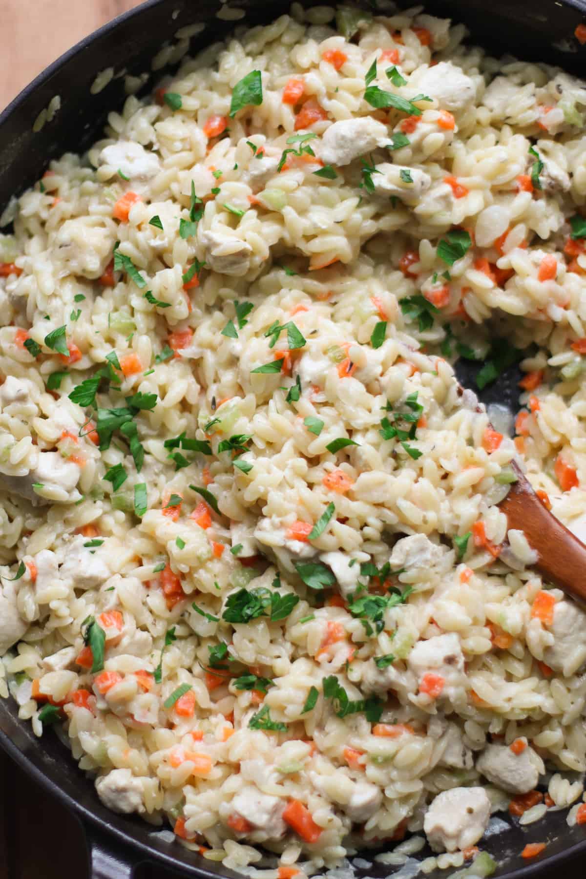 cooked chicken orzo in a large pot.