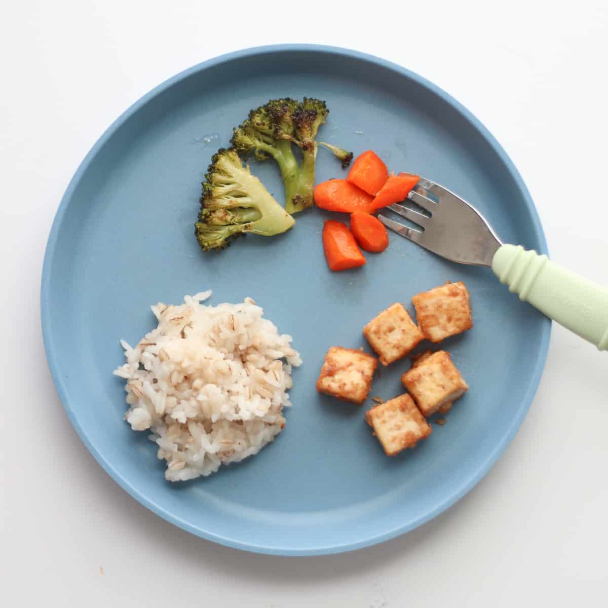 A toddler plate with a small portion of rice, vegetables, and tofu.
