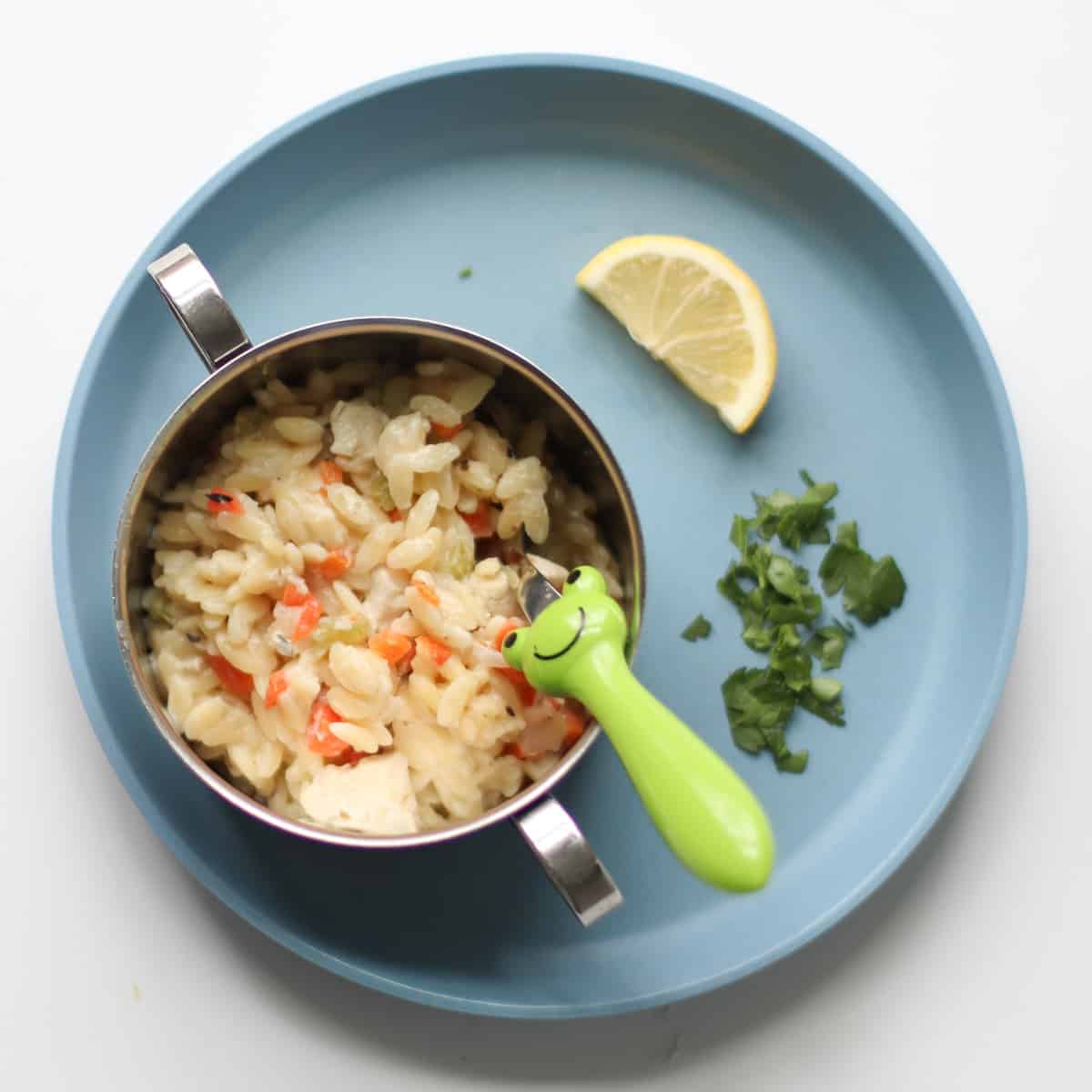 Toddler's plate with a small portion of orzo in a bowl, chopped parsley and lemon slice.
