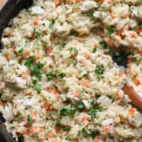 cooked chicken orzo in a large pot.