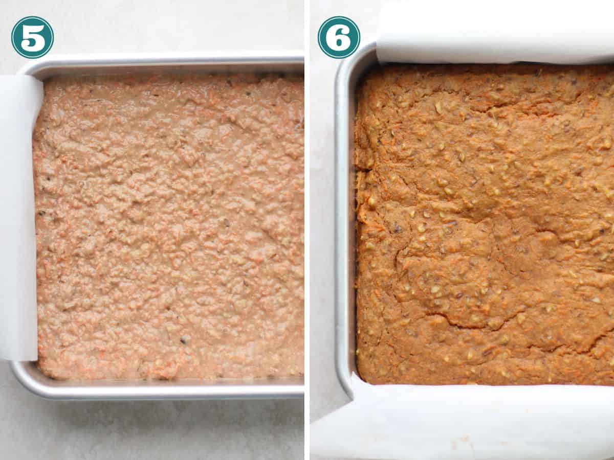 A two image collage of cake before and after baked.