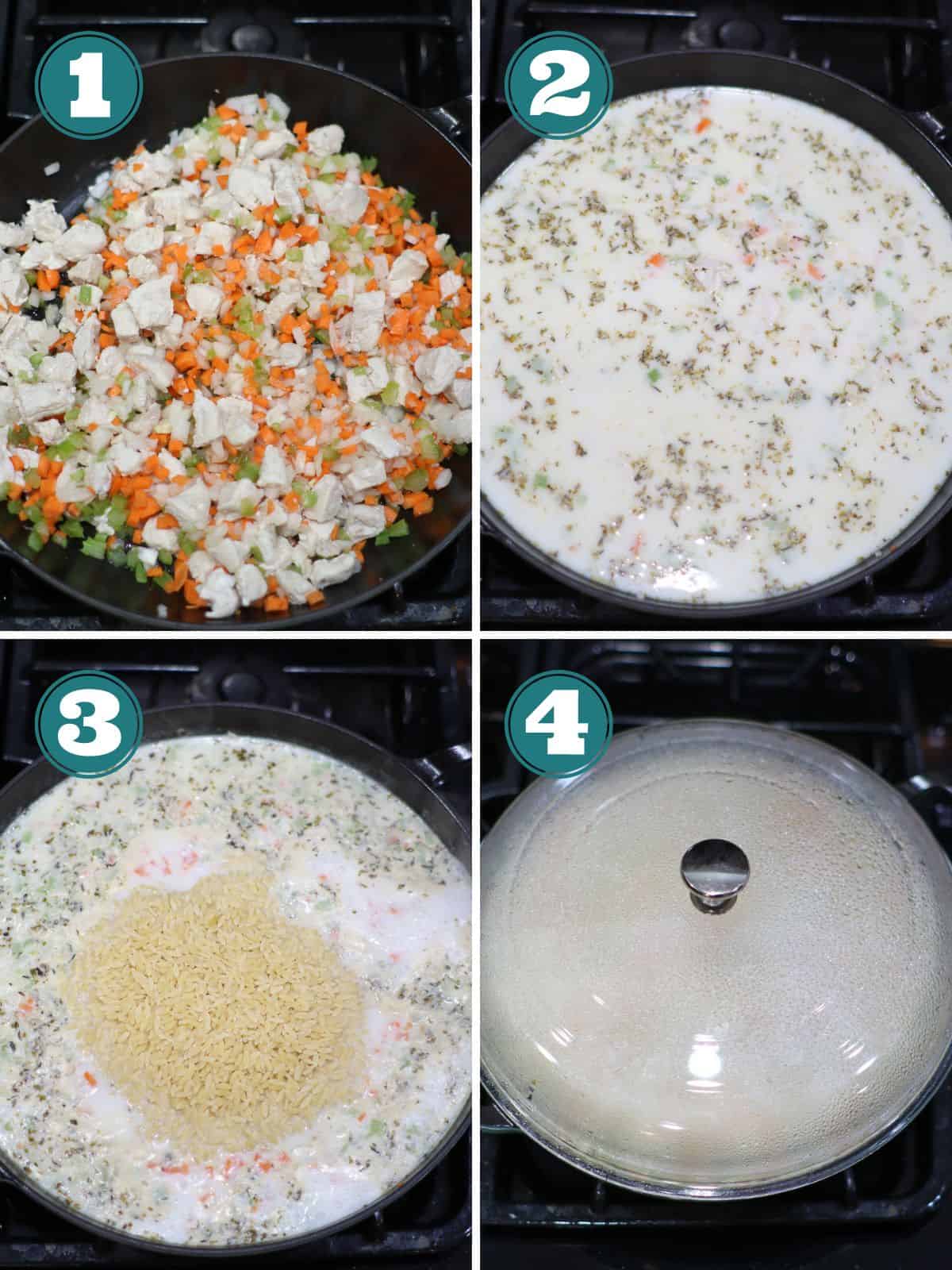 A four image collage showing how to make the orzo.