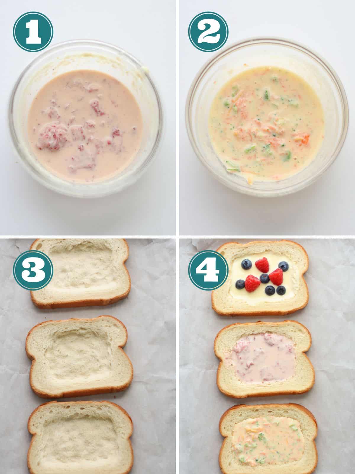 A four image collage showing how to make the custard yogurt toast.