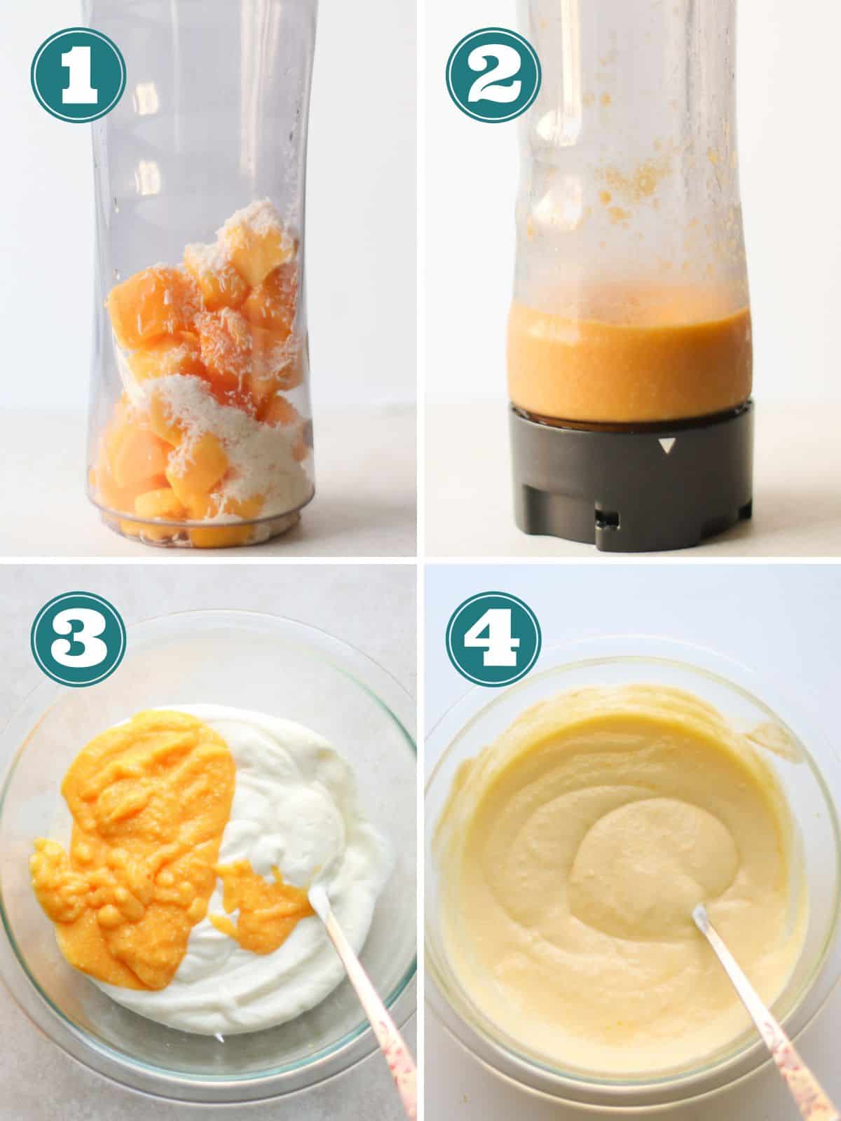A four image collage showing how to make mango yogurt.