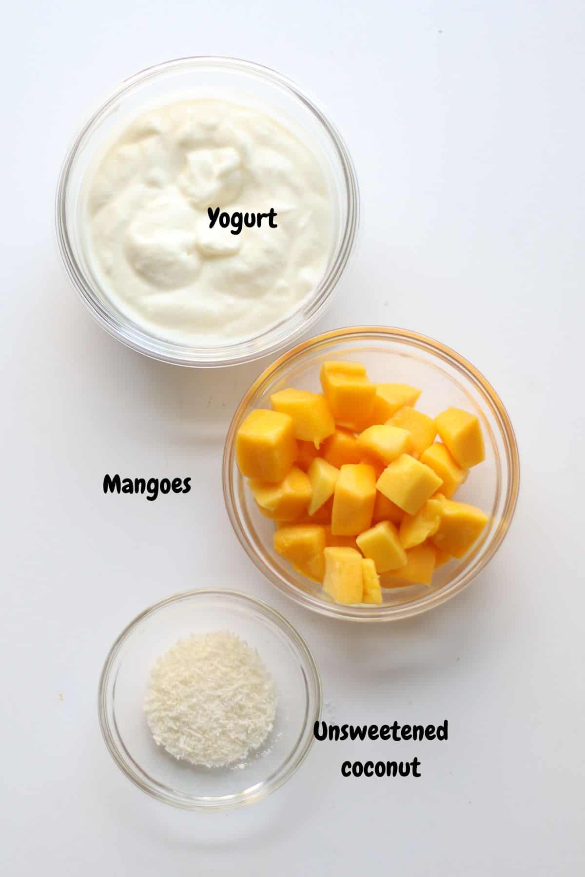 Mangoes, yogurt, and coconut on a white background.
