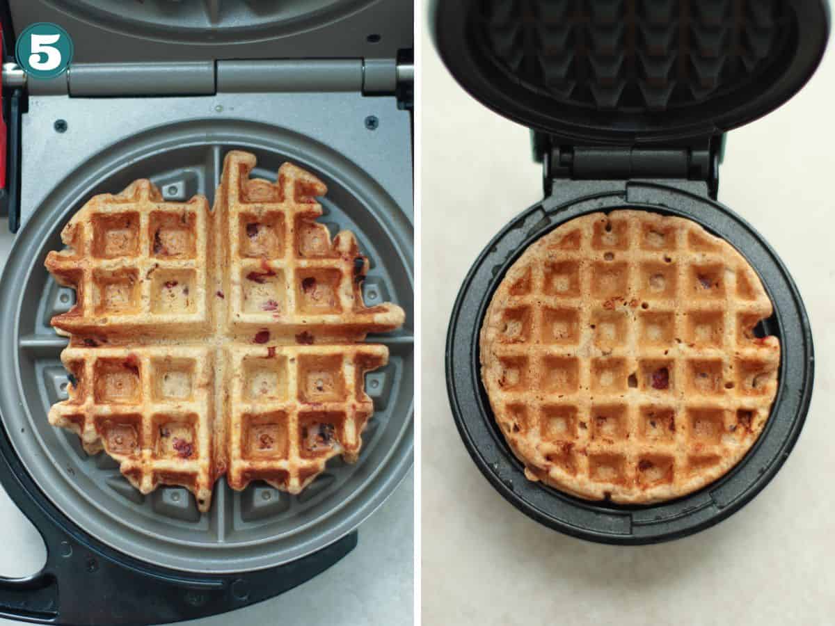 A two image collage of waffles cooked in two different waffle makers.