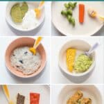 A six image collage of 6 month old baby food ideas.