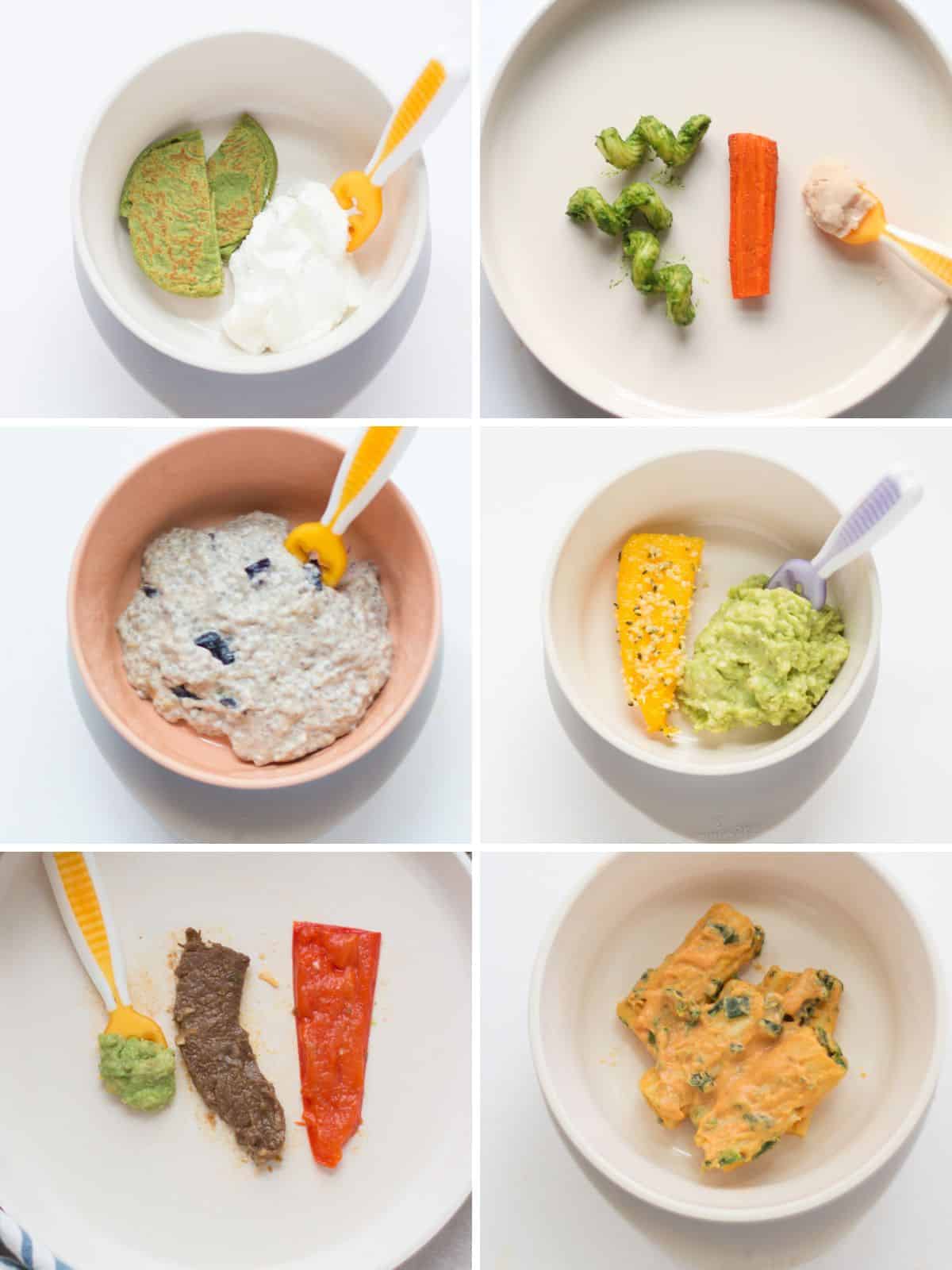 A six image collage of 6 month old baby food ideas.