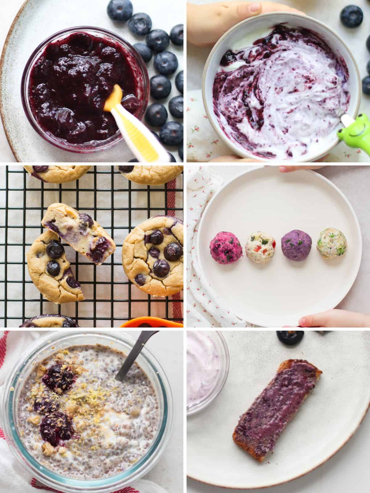 A six image collage of baby friendly blueberry recipes.