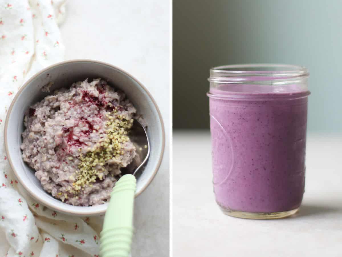 A two image collage with blueberry oatmeal in the left and smoothie on the right.