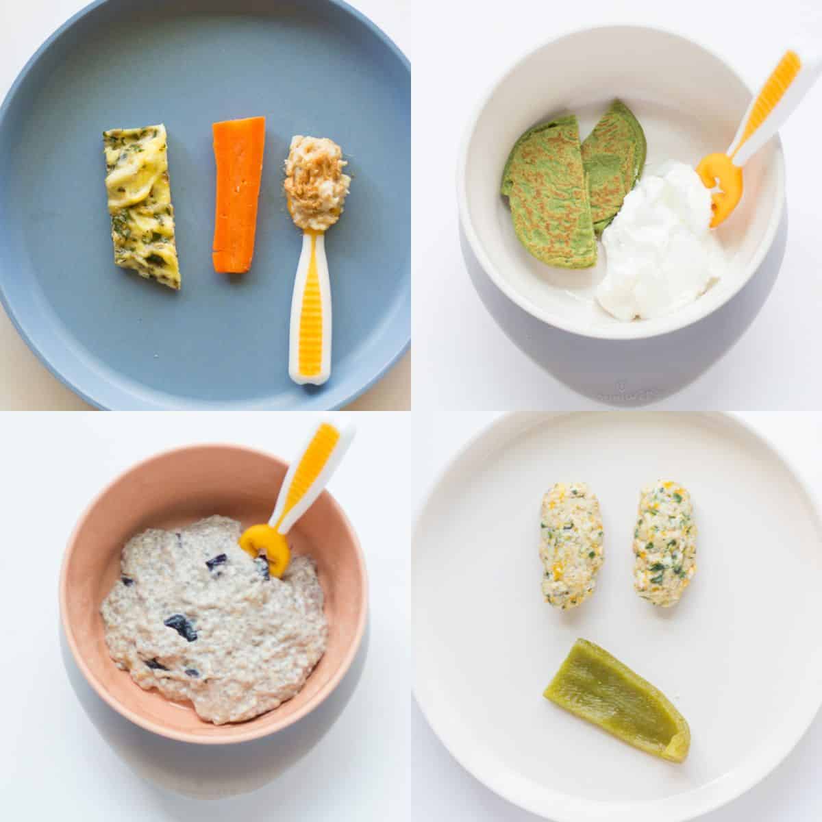 A four image collage of simple breakfast ideas.