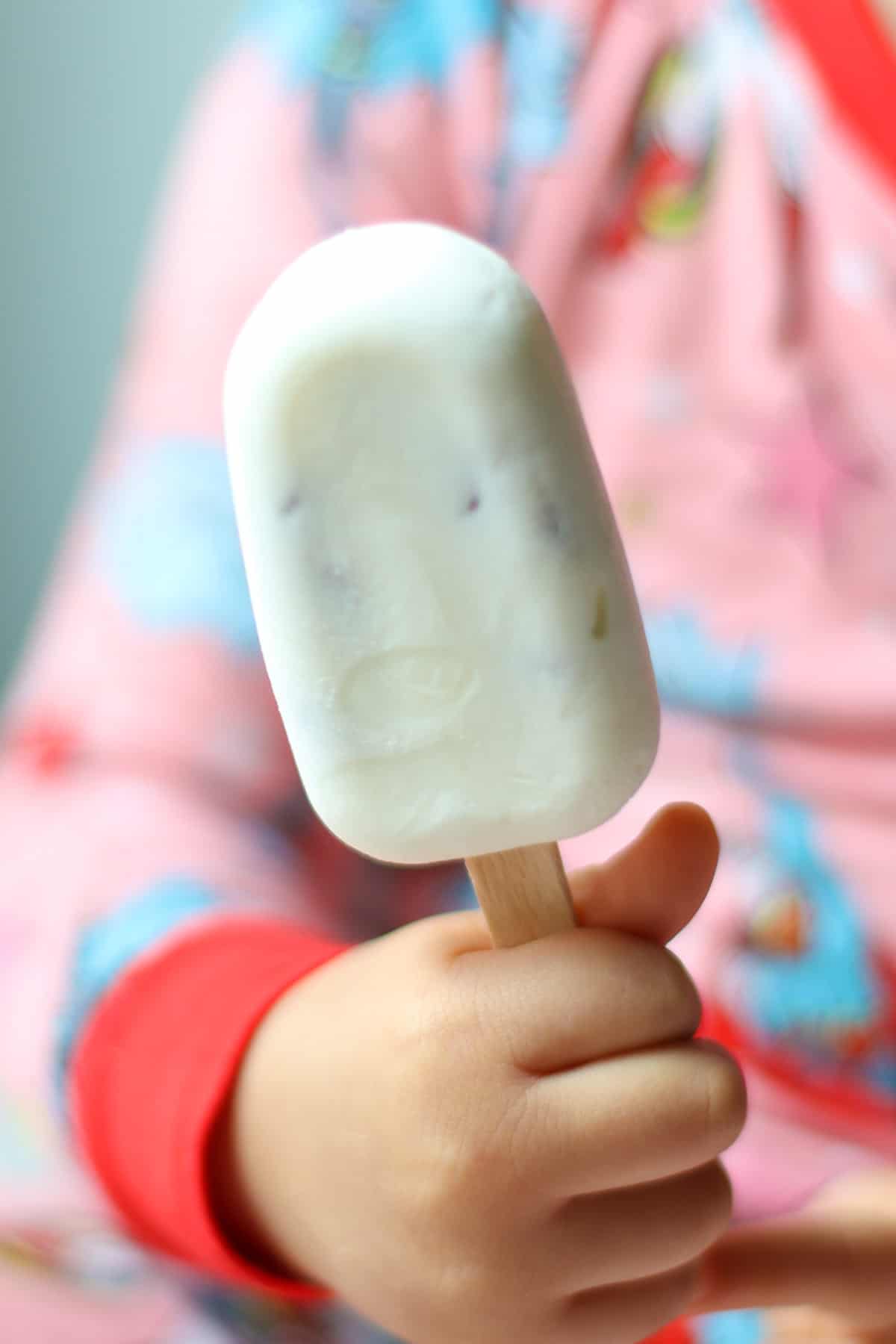 Toddler holding a yogurt bar.