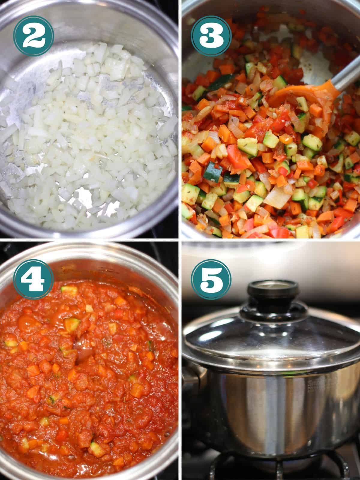 A four image collage showing cooking process step by step.