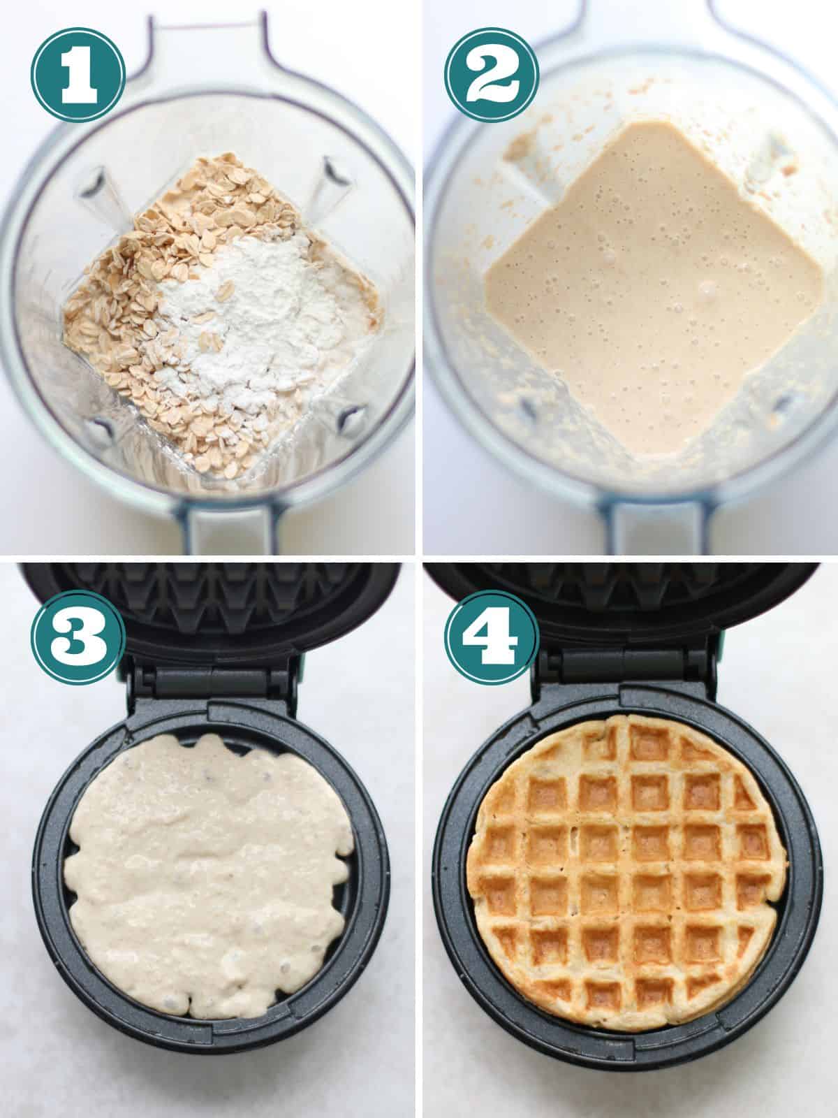 A four image collage of how to make waffles.