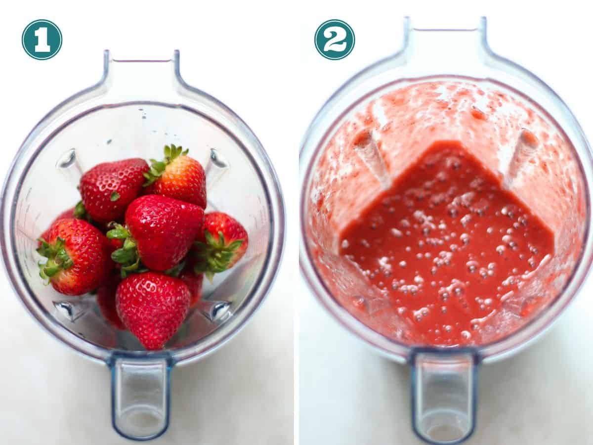 A two image collage of strawberries before and after blended.