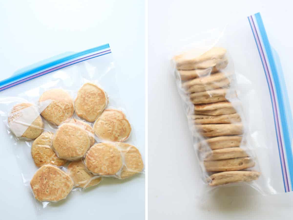 A two image collage of pancakes placed flat and rolled up in freezer bag.