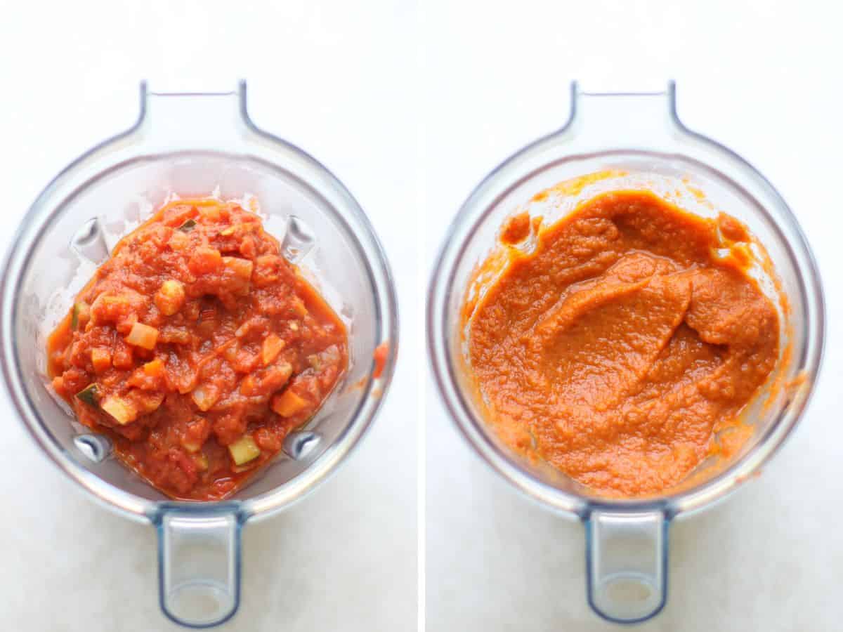 Chunky sauce in a blender on the left and after blended on the right.