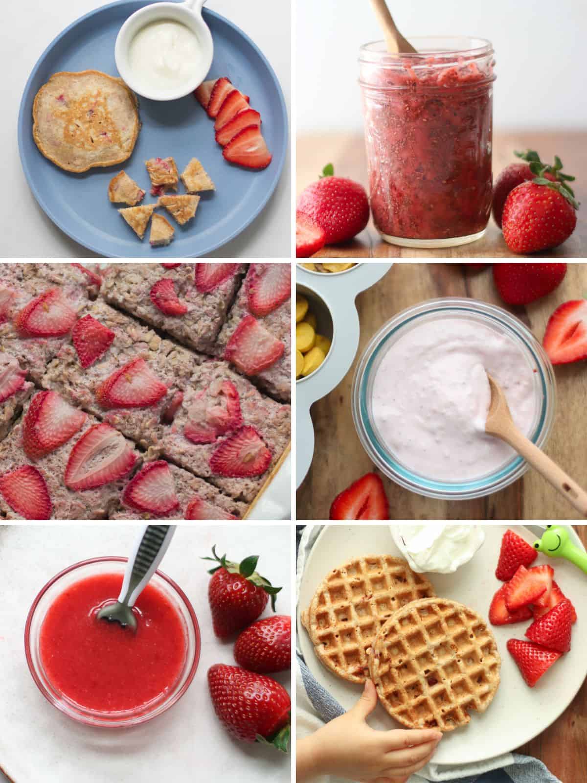 A six image collage of baby-friendly strawberry recipes.