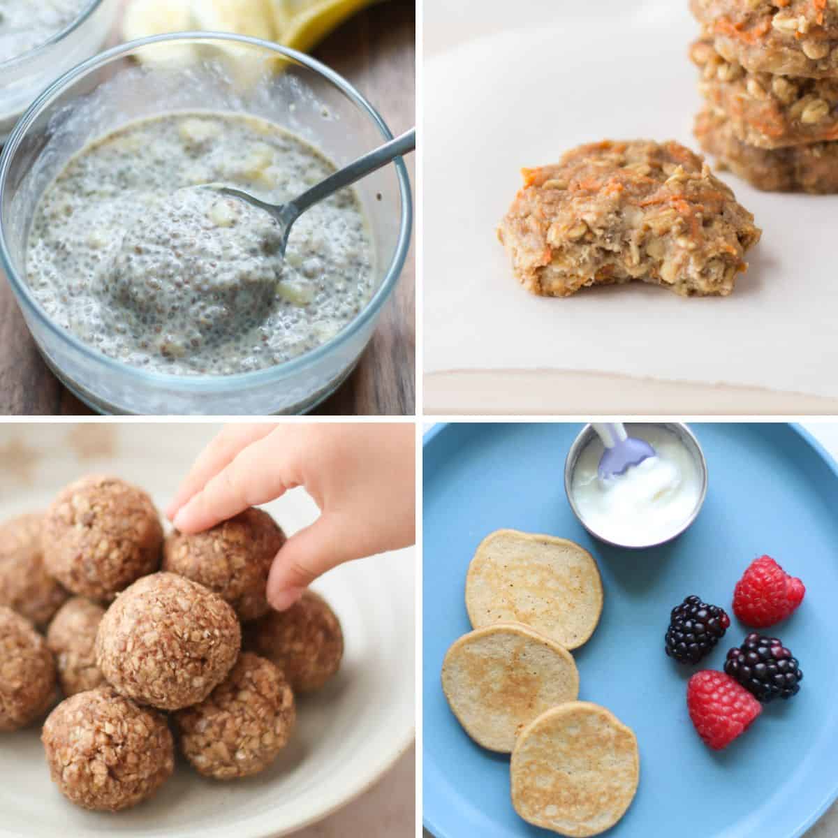 A four image collage of banana chia pudding, cookies, oatmeal balls, and pancakes.