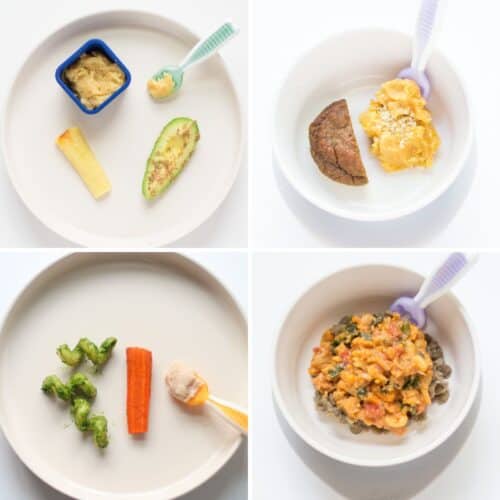 A four image collage of baby meals with chickpeas.