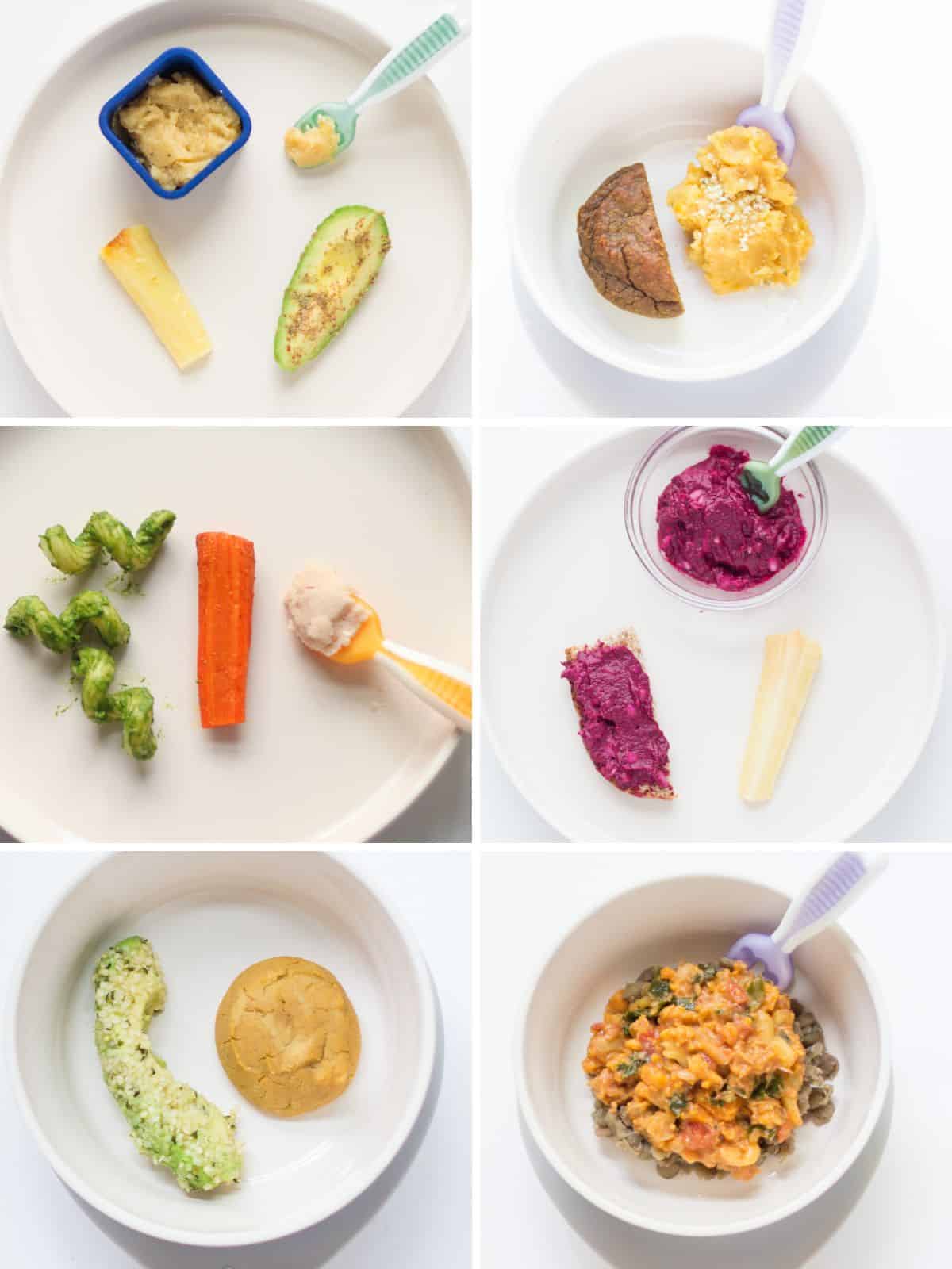 A six image collage of baby meals with chickpeas.