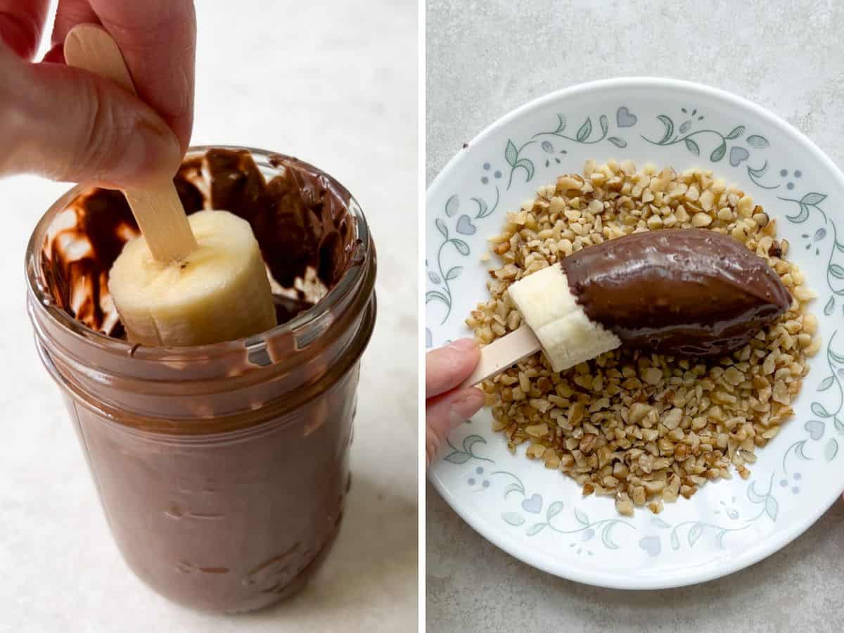 Banana dipped in chocolate on the left and rolled in ground walnuts on the right.