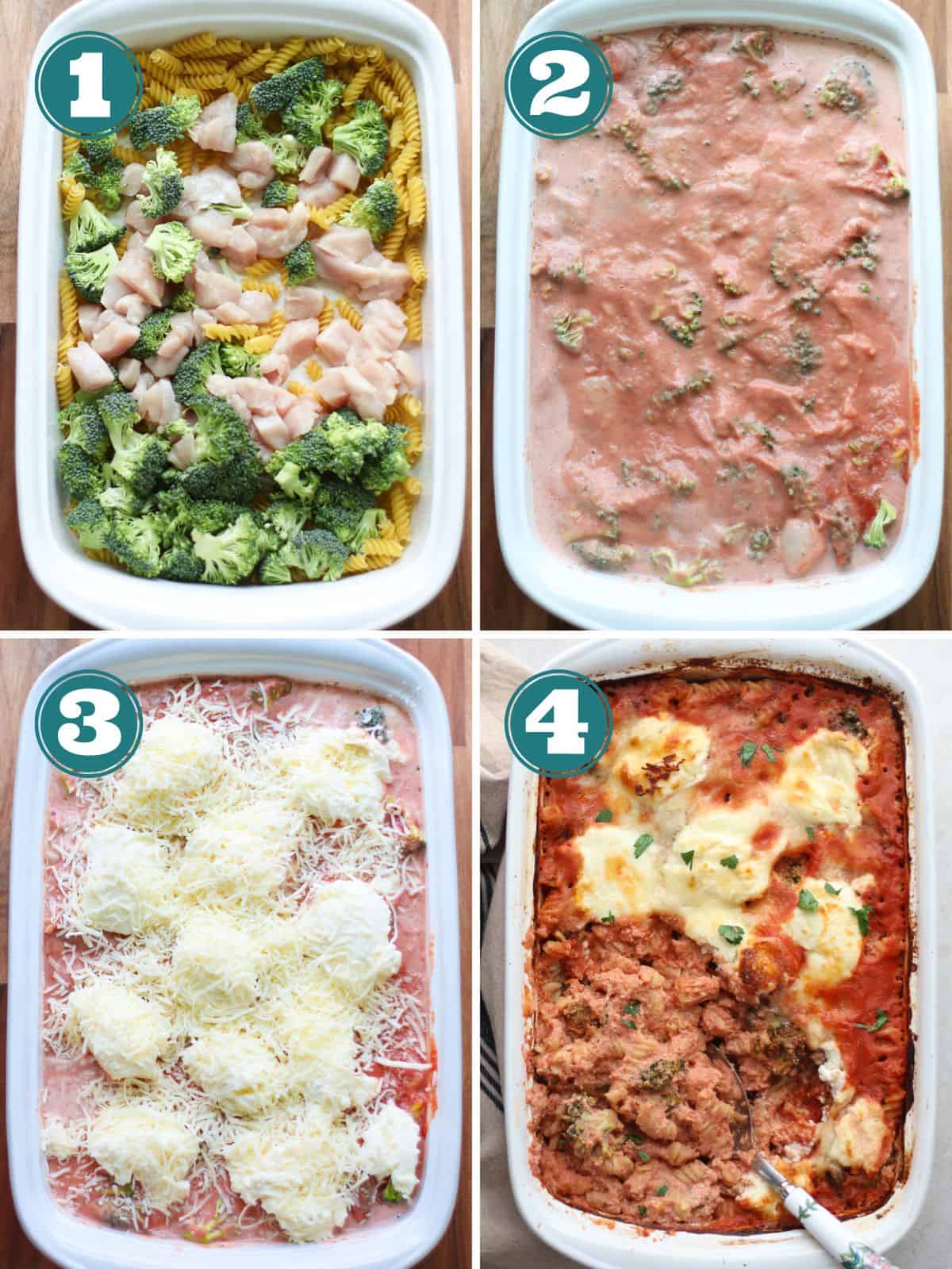 A four image collage showing how to make the pasta bake.