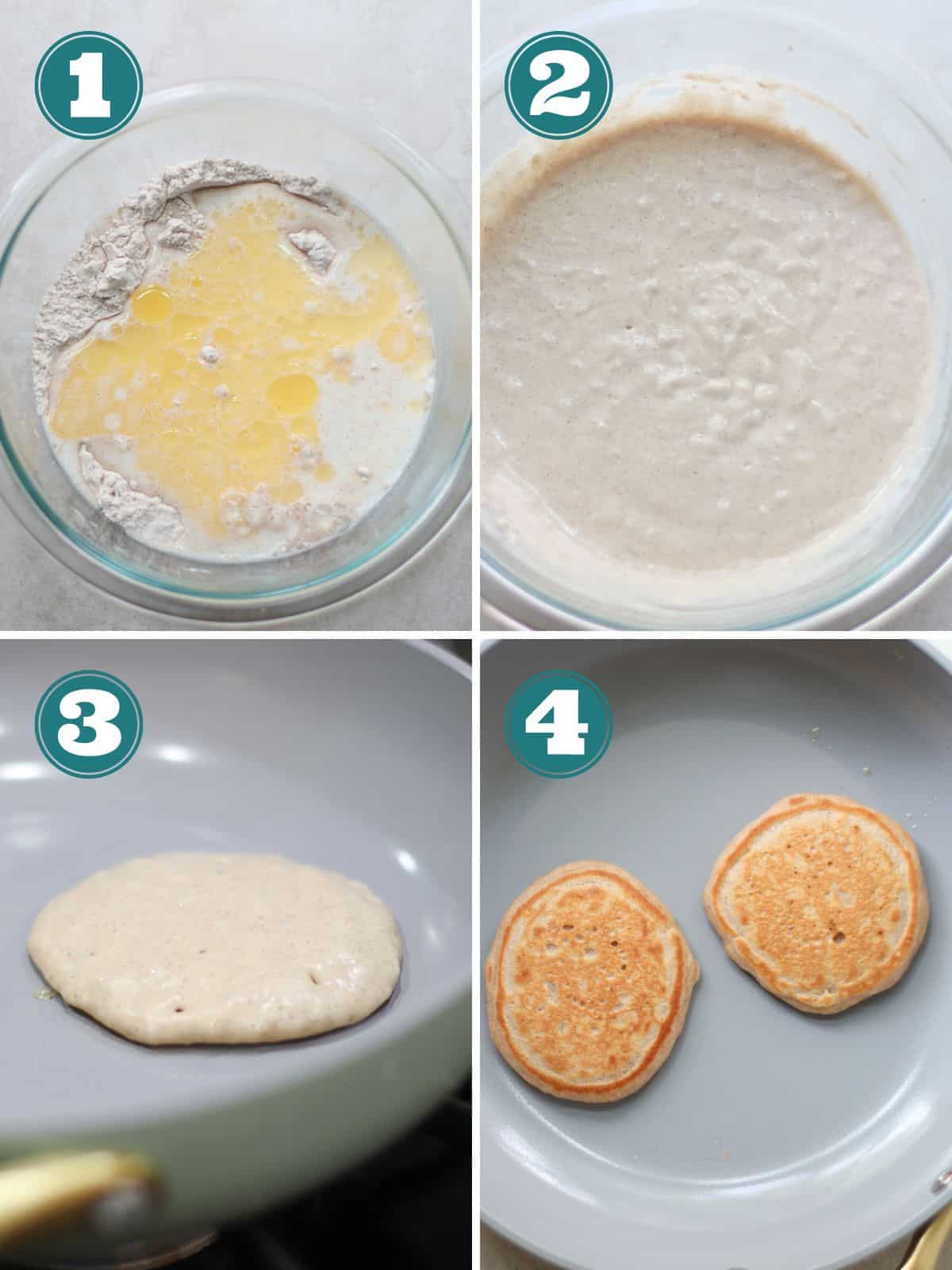 A four image collage of how to make pancakes step by step.