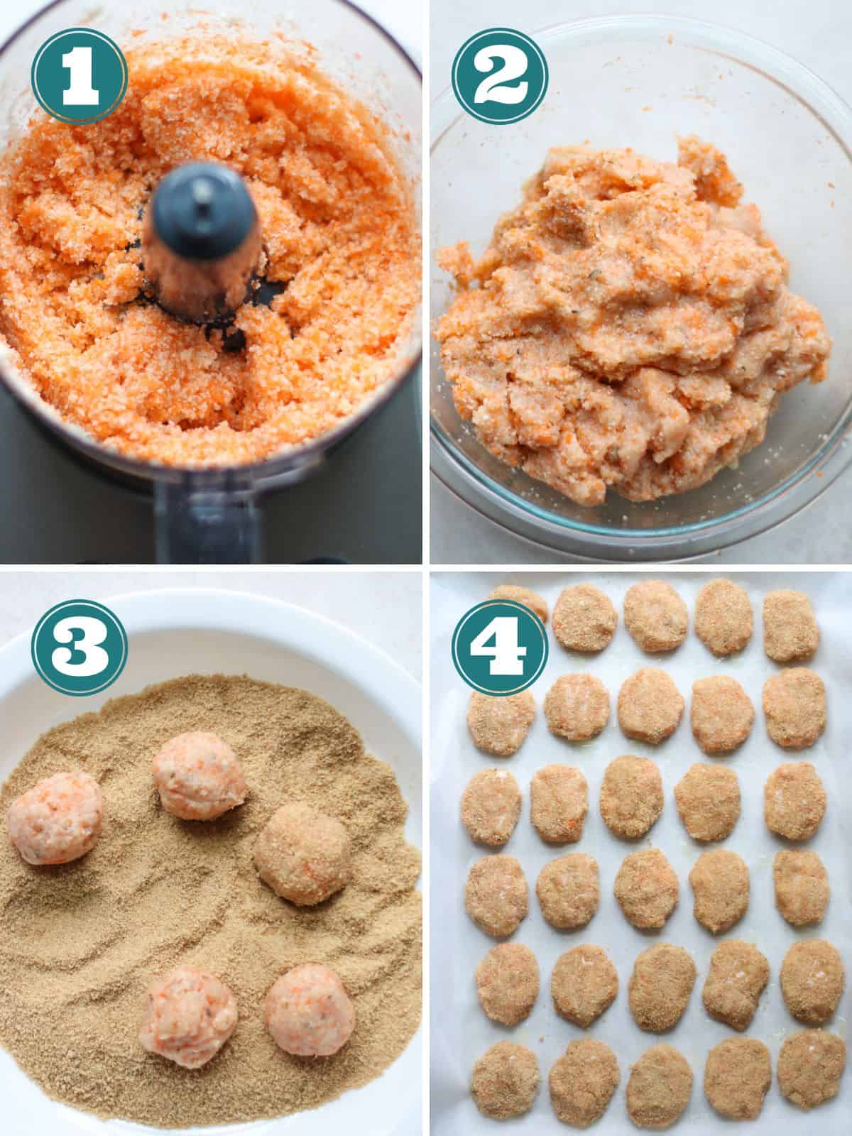 A four image collage of chicken nuggets cooking process.