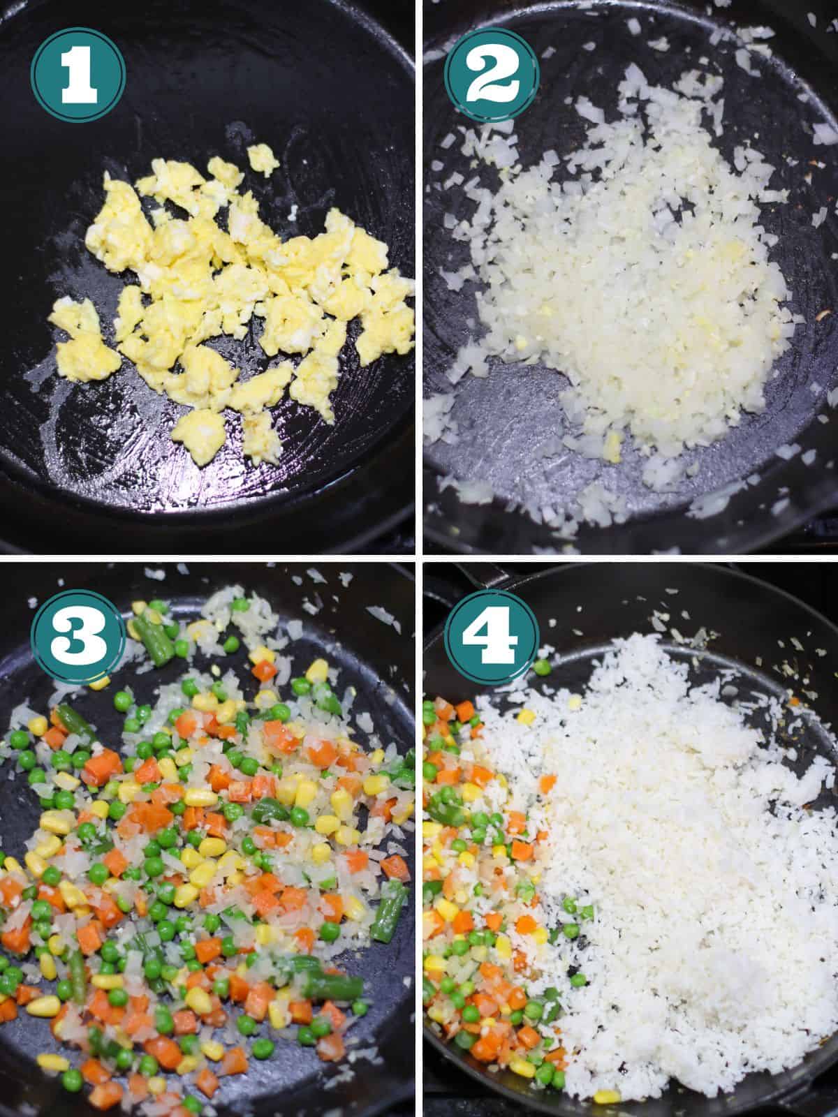 A four image collage showing how to make fried rice step by step.