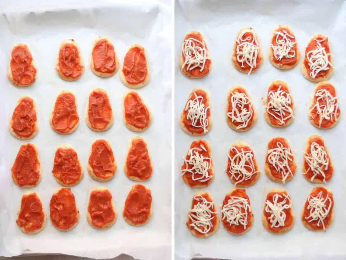 A two image collage with mini naan topped with sauce on the left and then with cheese on right.