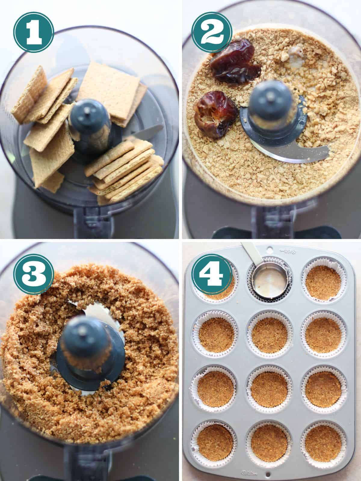 A four image collage of how to make the cheesecake crust.