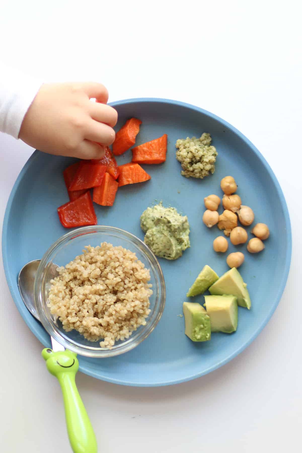 Toddler's plate with quinoa, carrots, chickpeas, pesto, and avocado.